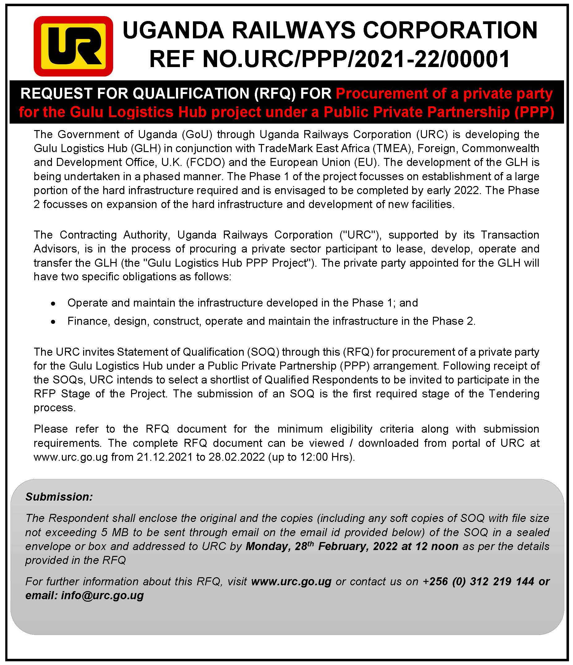 Request For Qualification (RFQ) for Procurement of a private party for the Gulu Logistics Hub Project under a Public-Private Partnership (PPP)