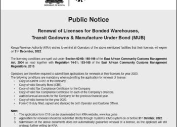 KRA Public Notice FOR Bonded Warehouses