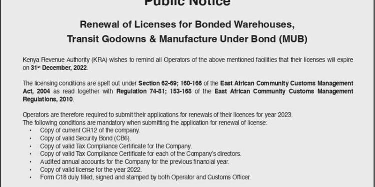 KRA Public Notice FOR Bonded Warehouses